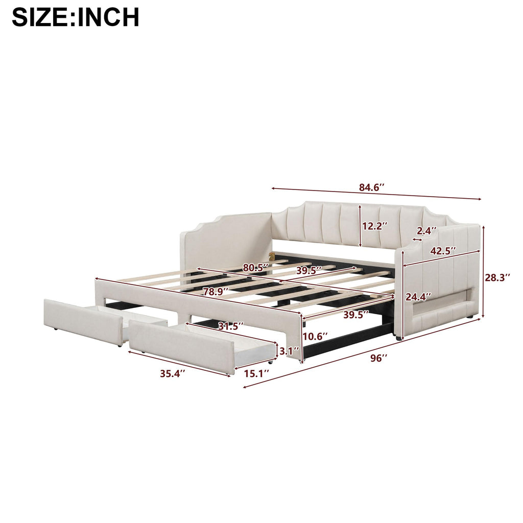 Linen Upholstered Daybed with Trundle and 2 Storage Drawers J88594