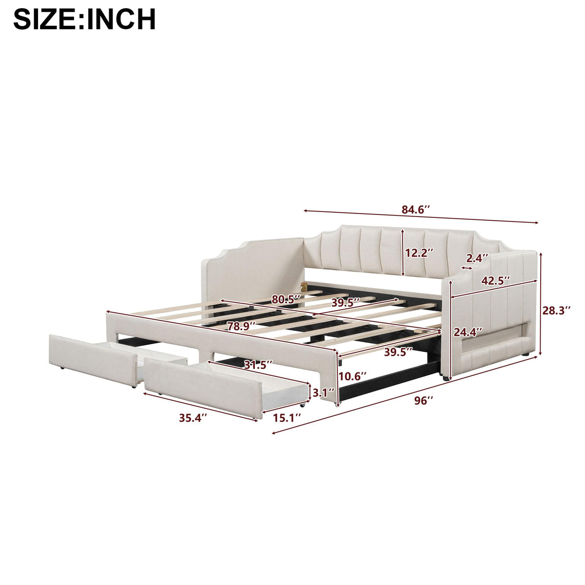 Linen Upholstered Daybed with Trundle and 2 Storage Drawers J88594
