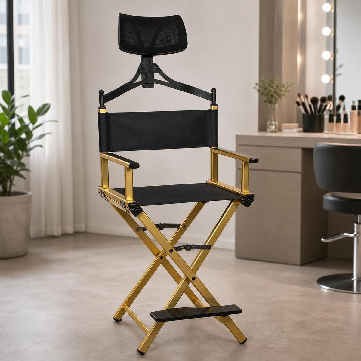 Aluminum Folding Director Chair with Headrest, Adjustable Height, Side Tray and Phone Holder Y985