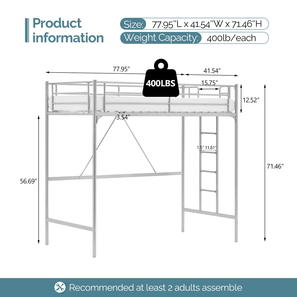 71 Inches Tall Twin Size Metal Loft Bed with Ladder and Safety Guard Rails, Gray L872779