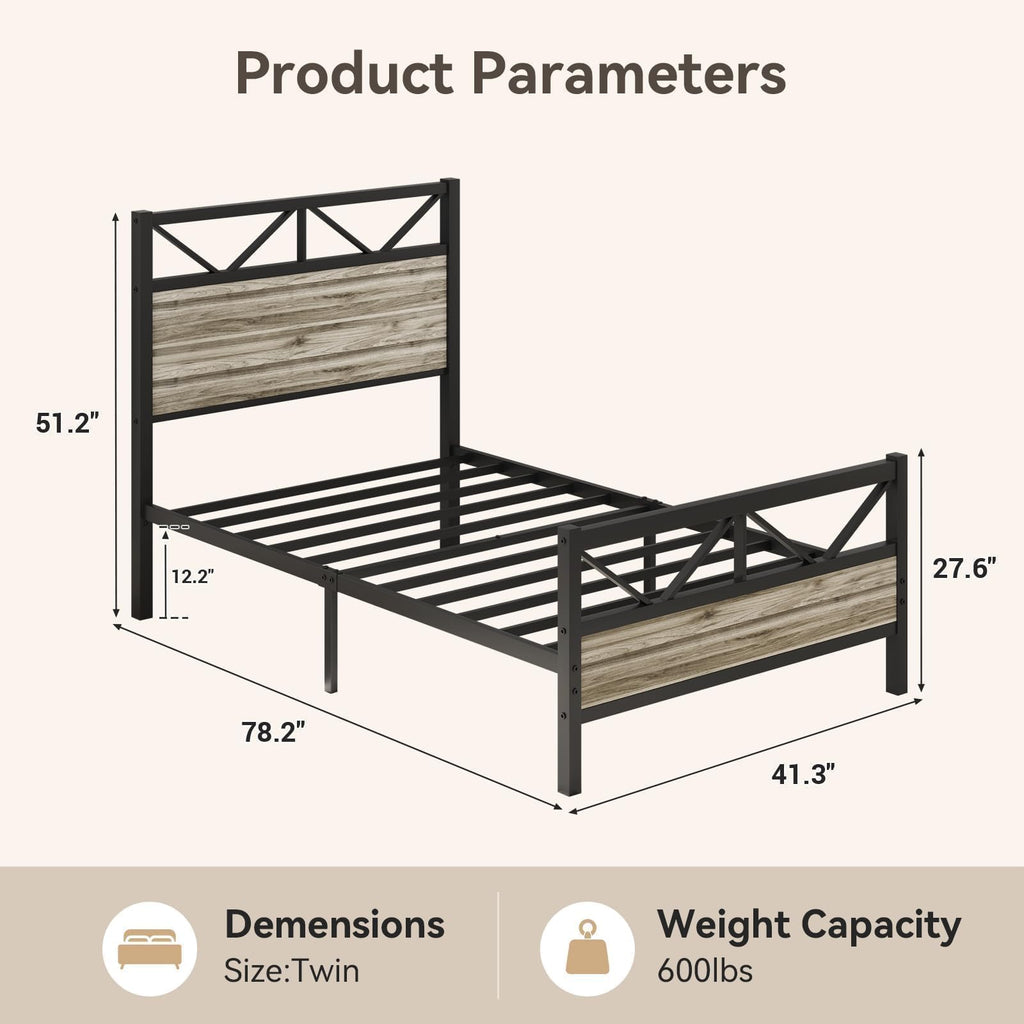 Wash Grey Twin Size Bed Frame with Tall Headboard A687213