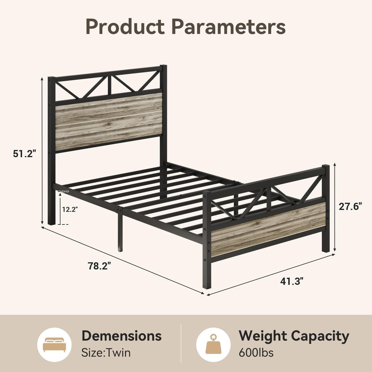 Wash Grey Twin Size Bed Frame with Tall Headboard A687213