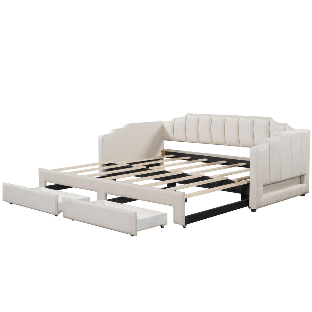 Linen Upholstered Daybed with Trundle and 2 Storage Drawers J88594