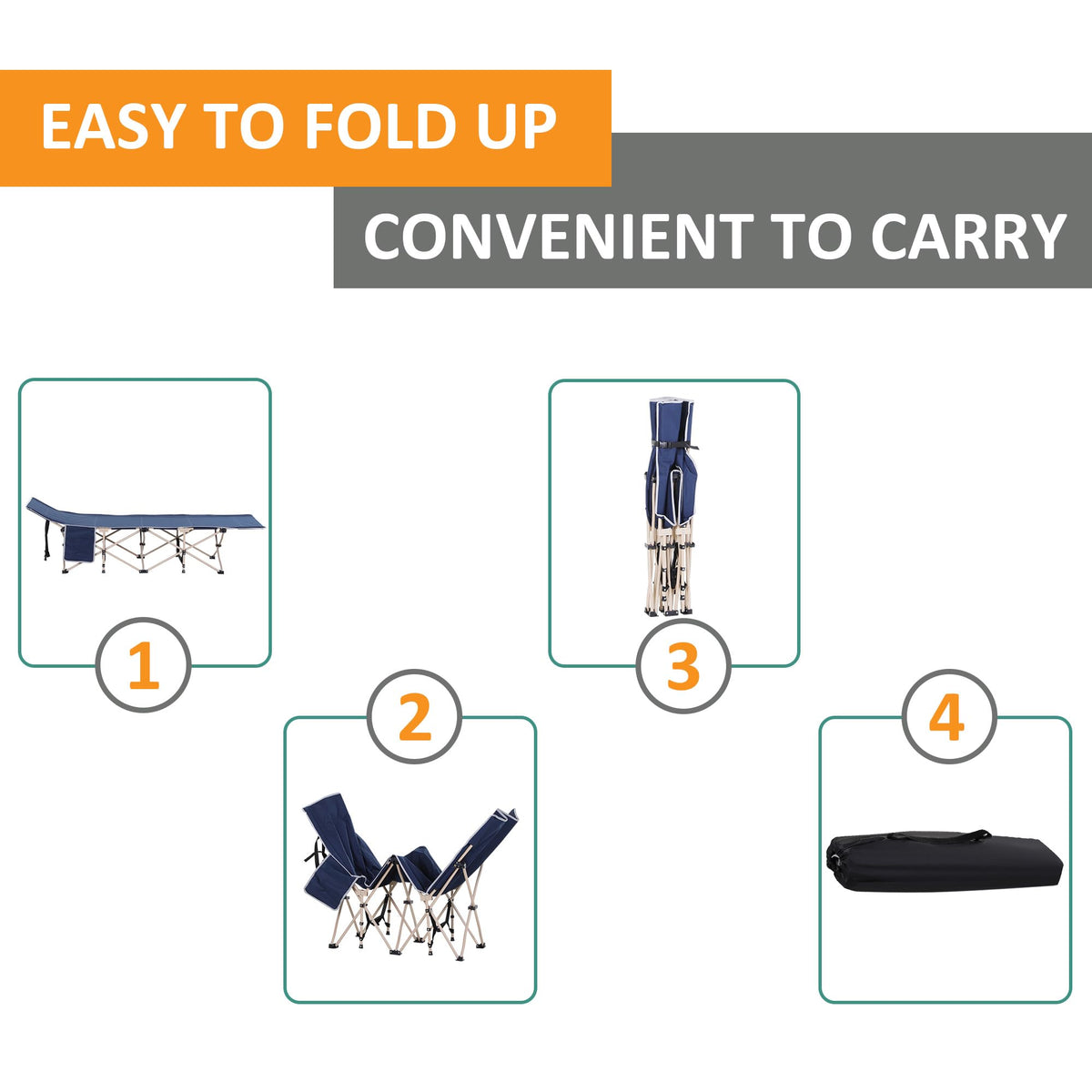 Folding Camping Cot with Carry Bag, Side Pocket, Blue D1709