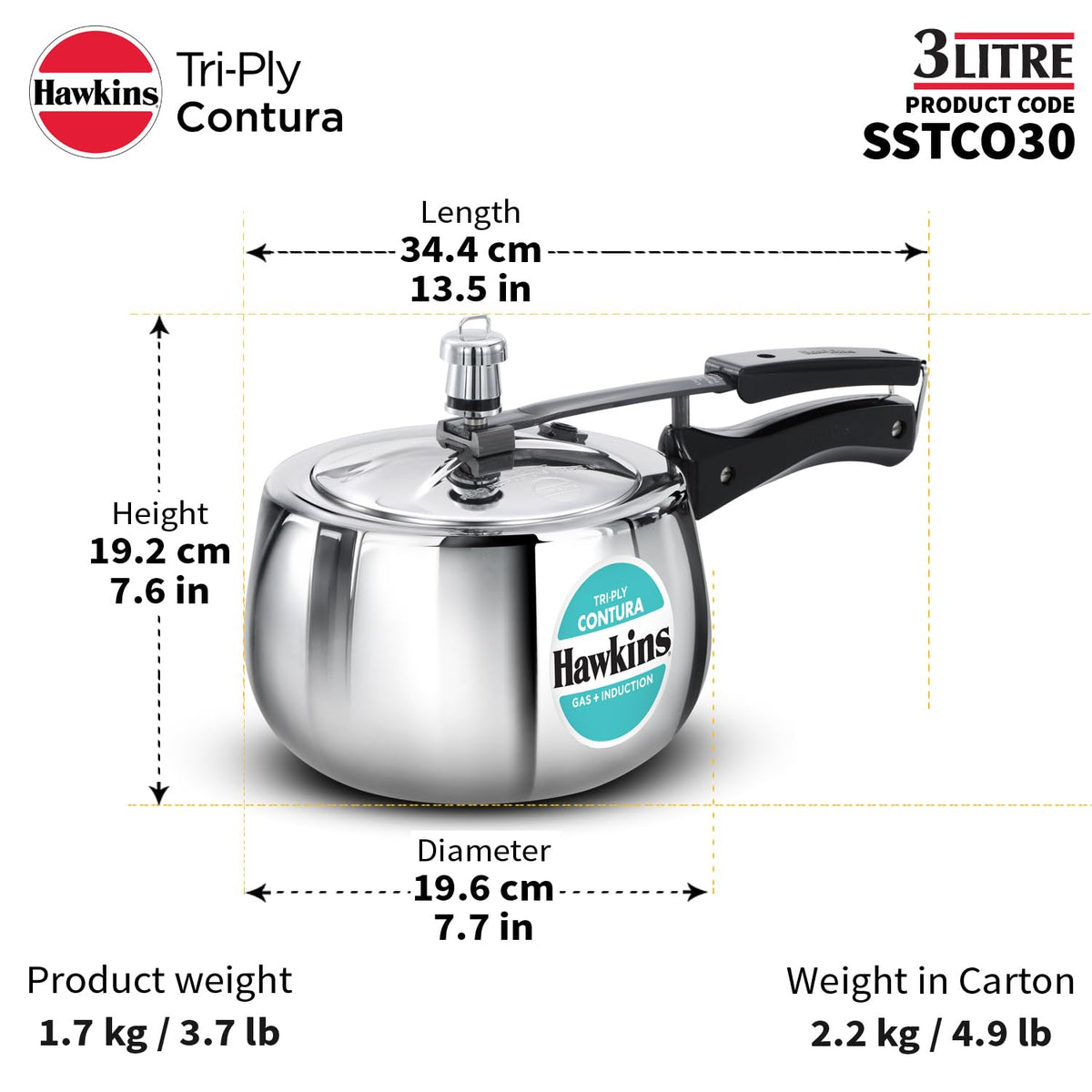3 Litre Triply Stainless Steel Pressure Cooker L455
