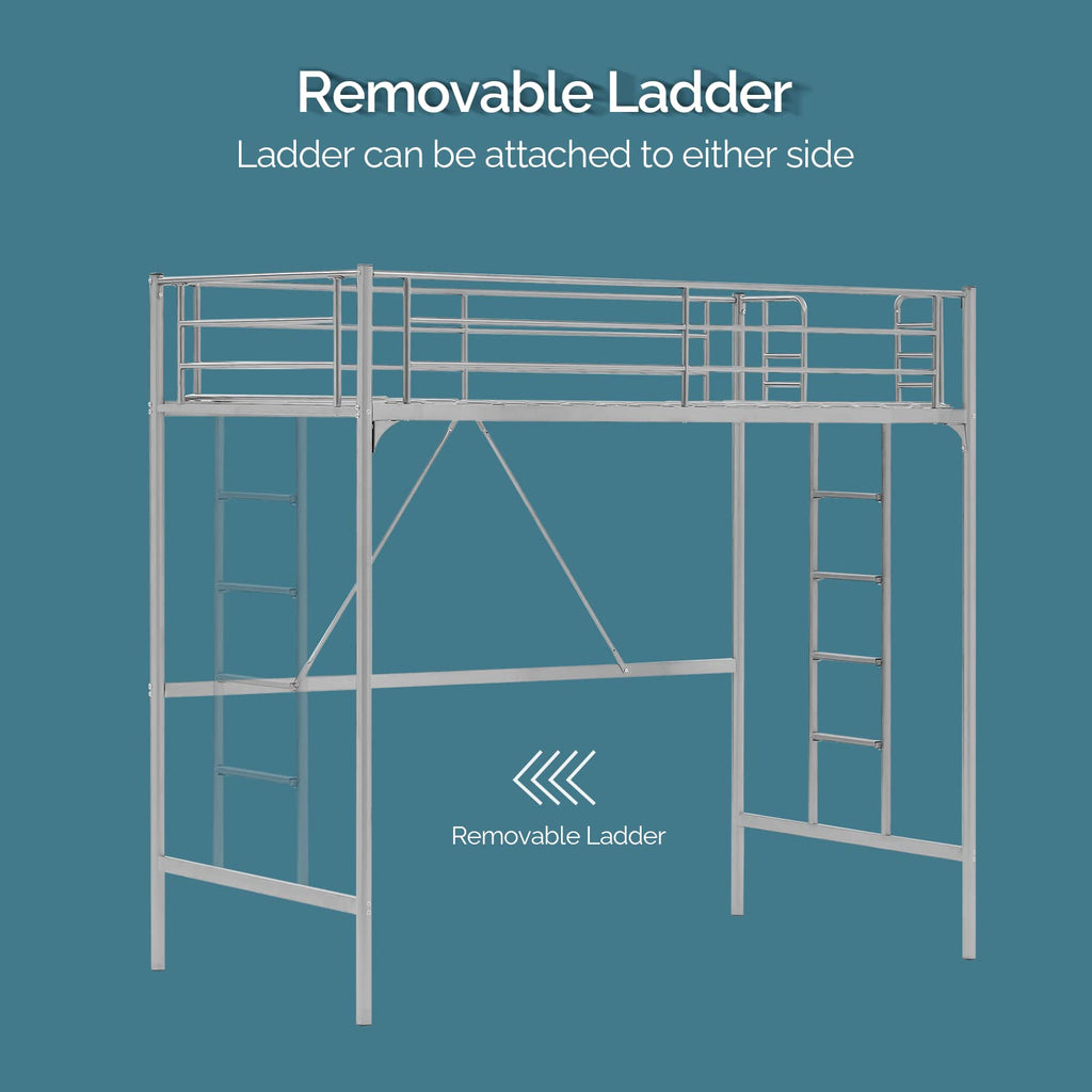 71 Inches Tall Twin Size Metal Loft Bed with Ladder and Safety Guard Rails, Gray L872779