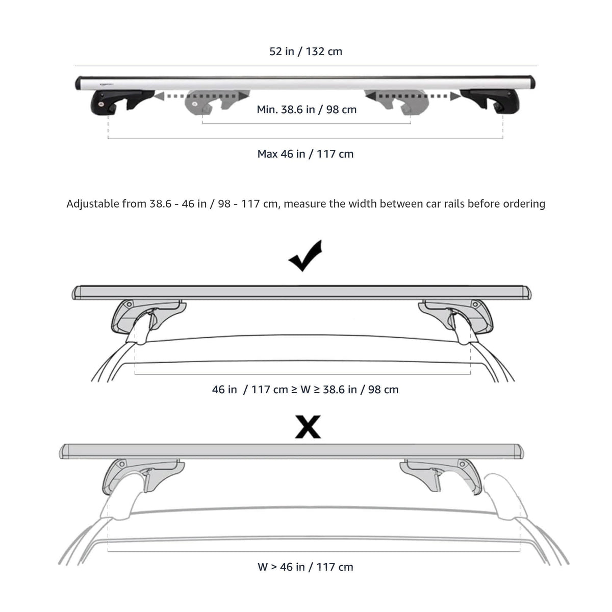 Black/Silver Cross Rail Roof Rack, 52 inches, Pack of 2 D6079