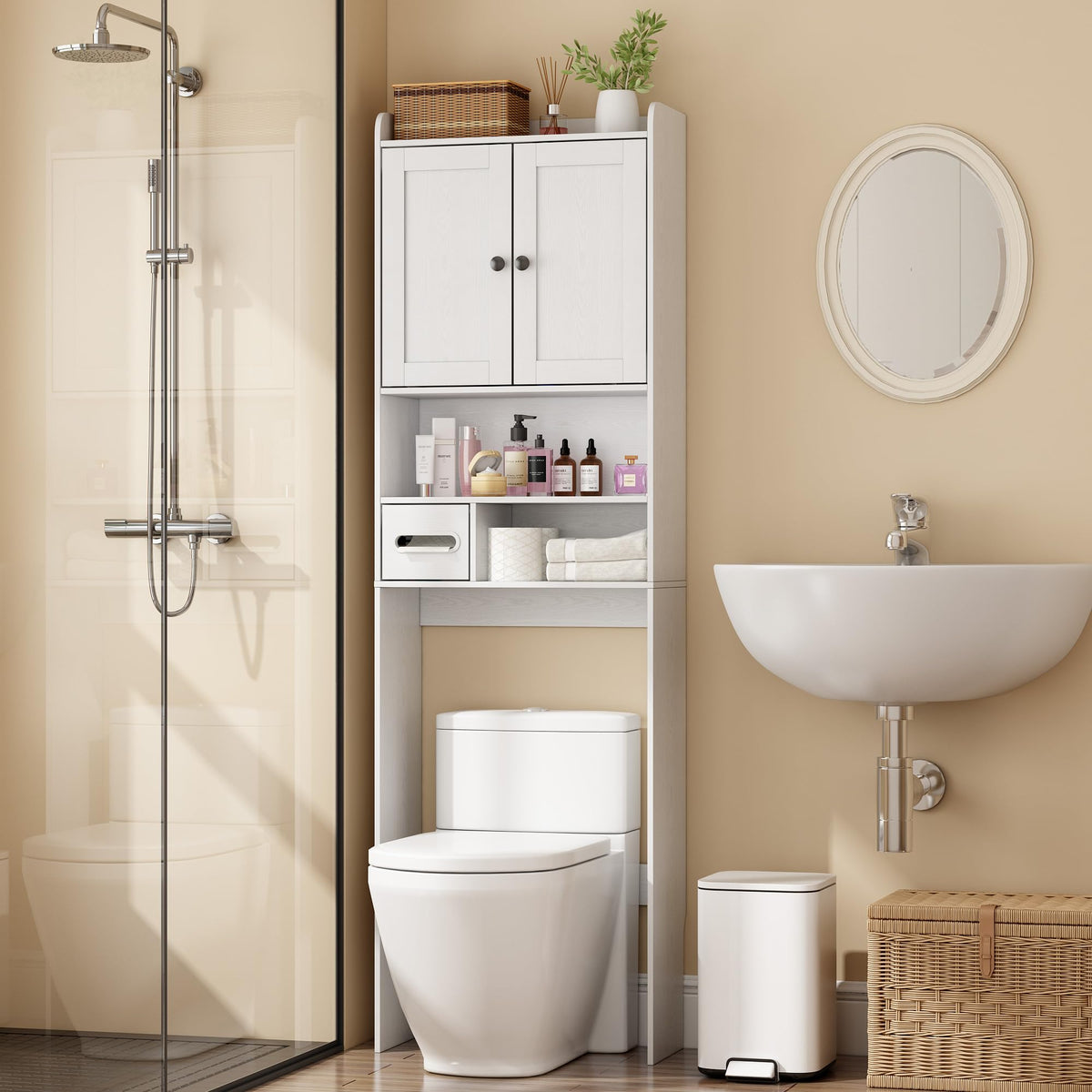 White Over the Toilet Storage Cabinet with Adjustable Shelves E6826