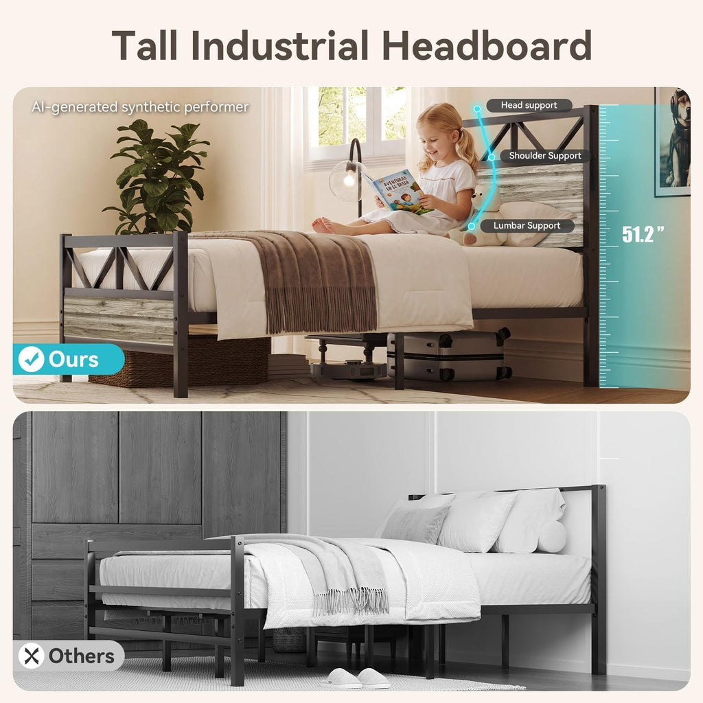 Wash Grey Twin Size Bed Frame with Tall Headboard A687213