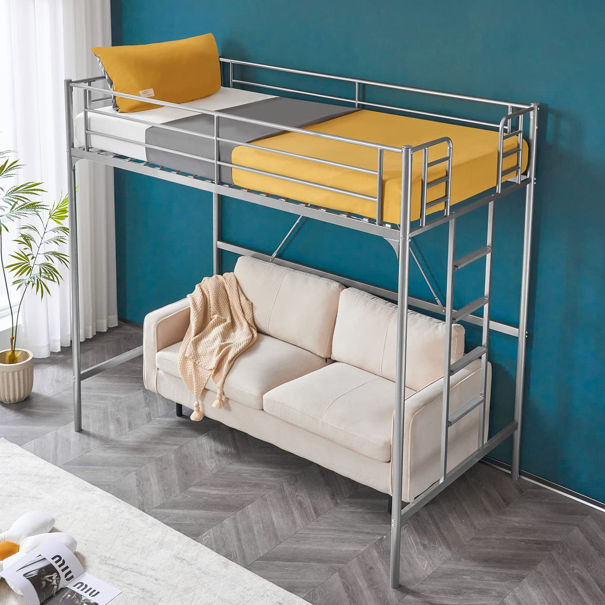 71 Inches Tall Twin Size Metal Loft Bed with Ladder and Safety Guard Rails, Gray L872779