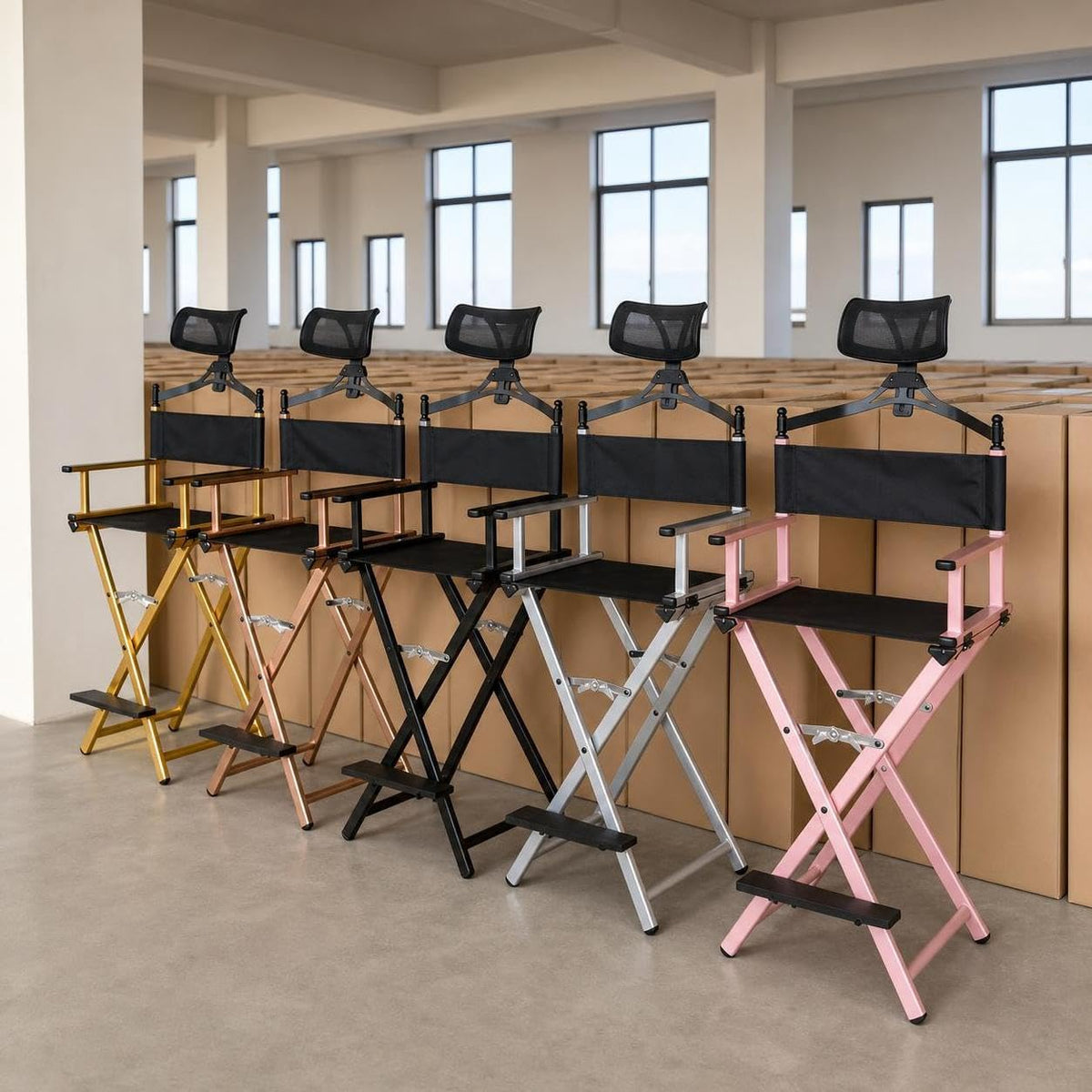 Aluminum Folding Director Chair with Headrest, Adjustable Height, Side Tray and Phone Holder Y985