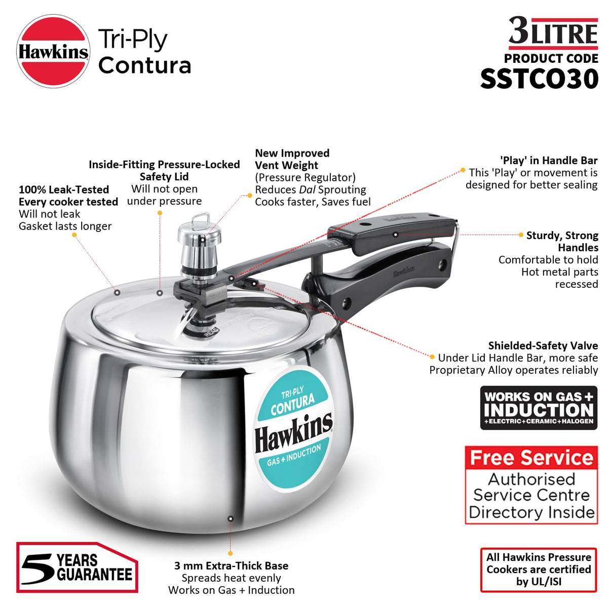 3 Litre Triply Stainless Steel Pressure Cooker L455