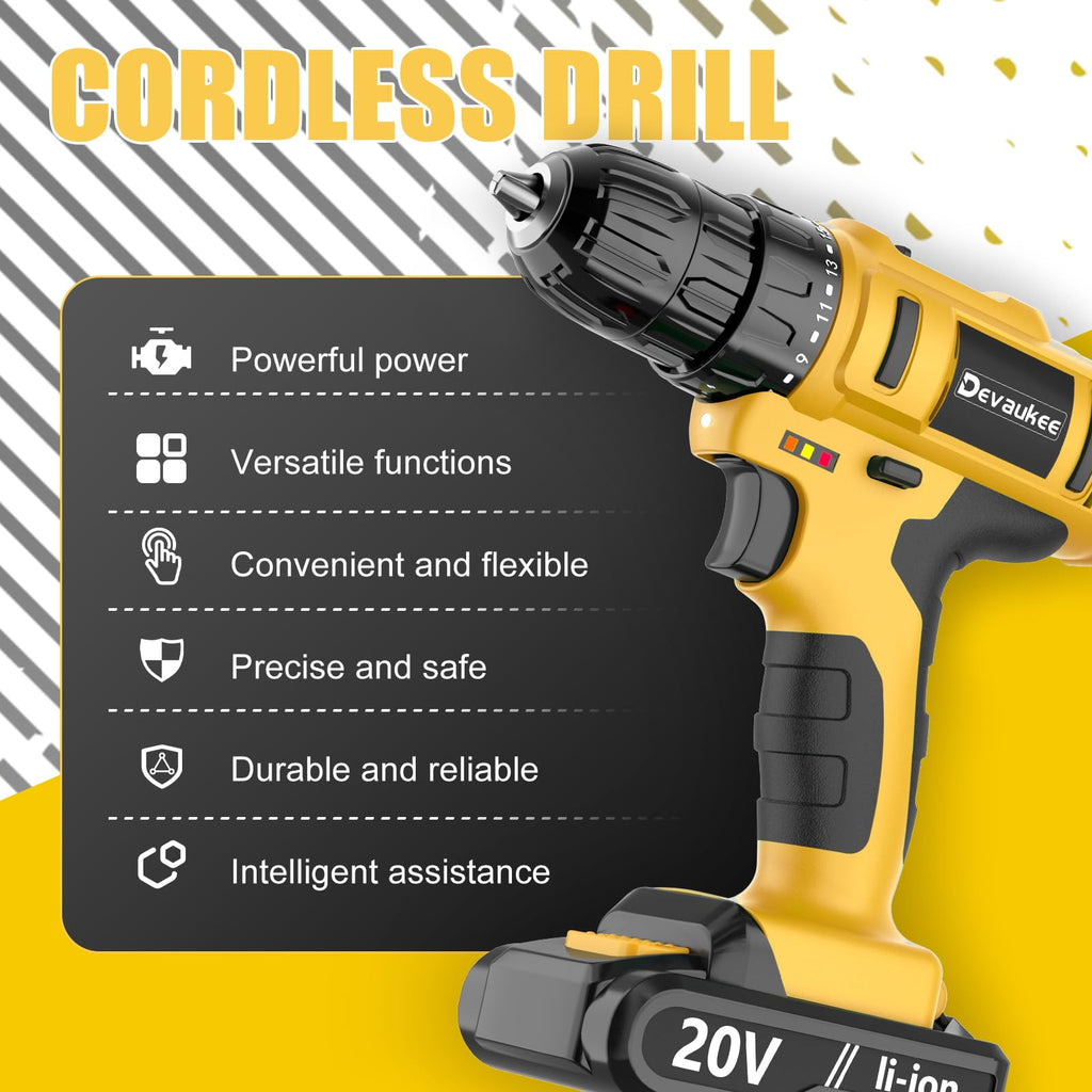 Cordless Drill Driver Kit, 20V Electric Drill with Battery and Charger, 18+3 Torque Setting, 2 Speeds, 3/8" Keyless Chuck Compact Power Drill Set with Drill Bits W5736