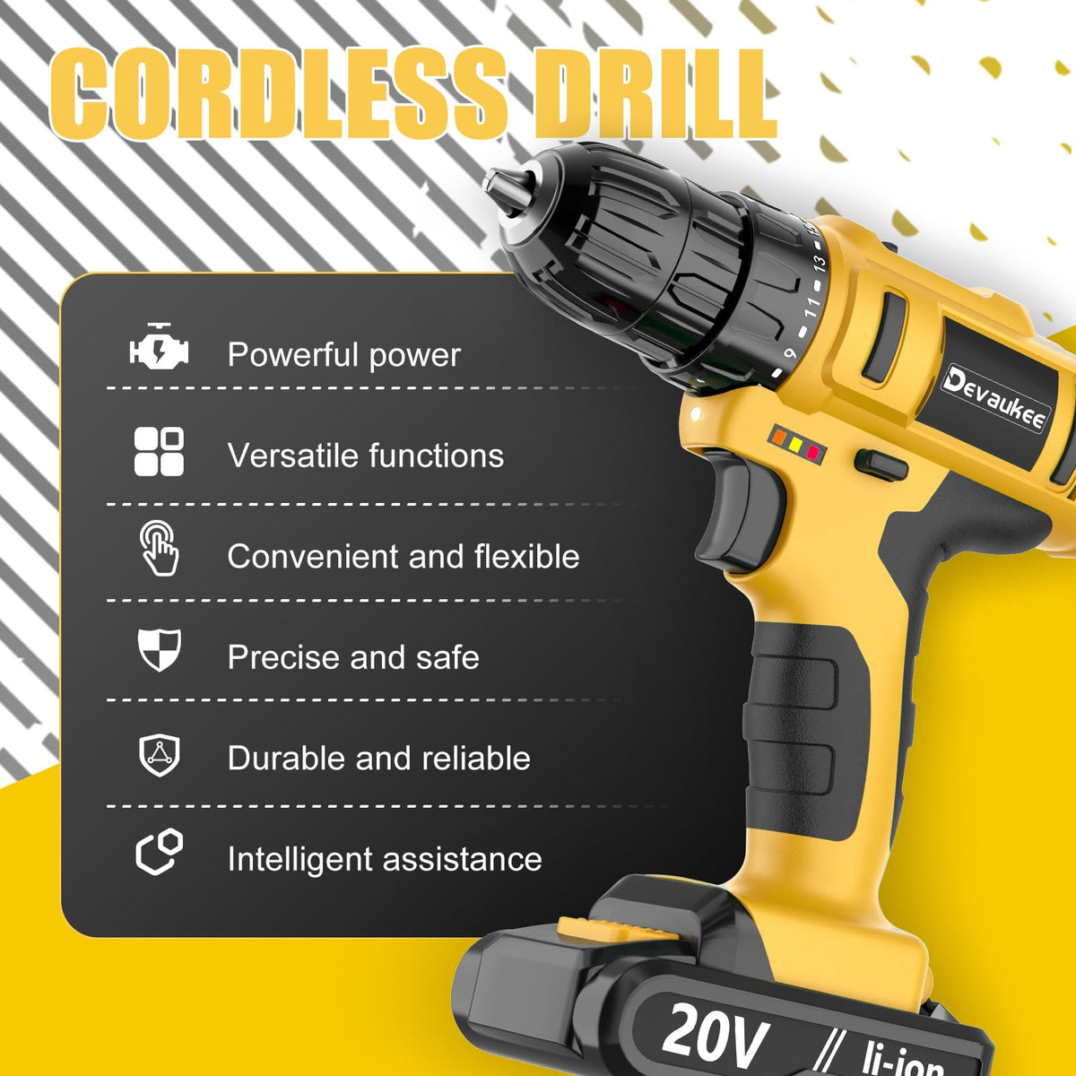 Cordless Drill Driver Kit, 20V Electric Drill with Battery and Charger, 18+3 Torque Setting, 2 Speeds, 3/8" Keyless Chuck Compact Power Drill Set with Drill Bits W5736