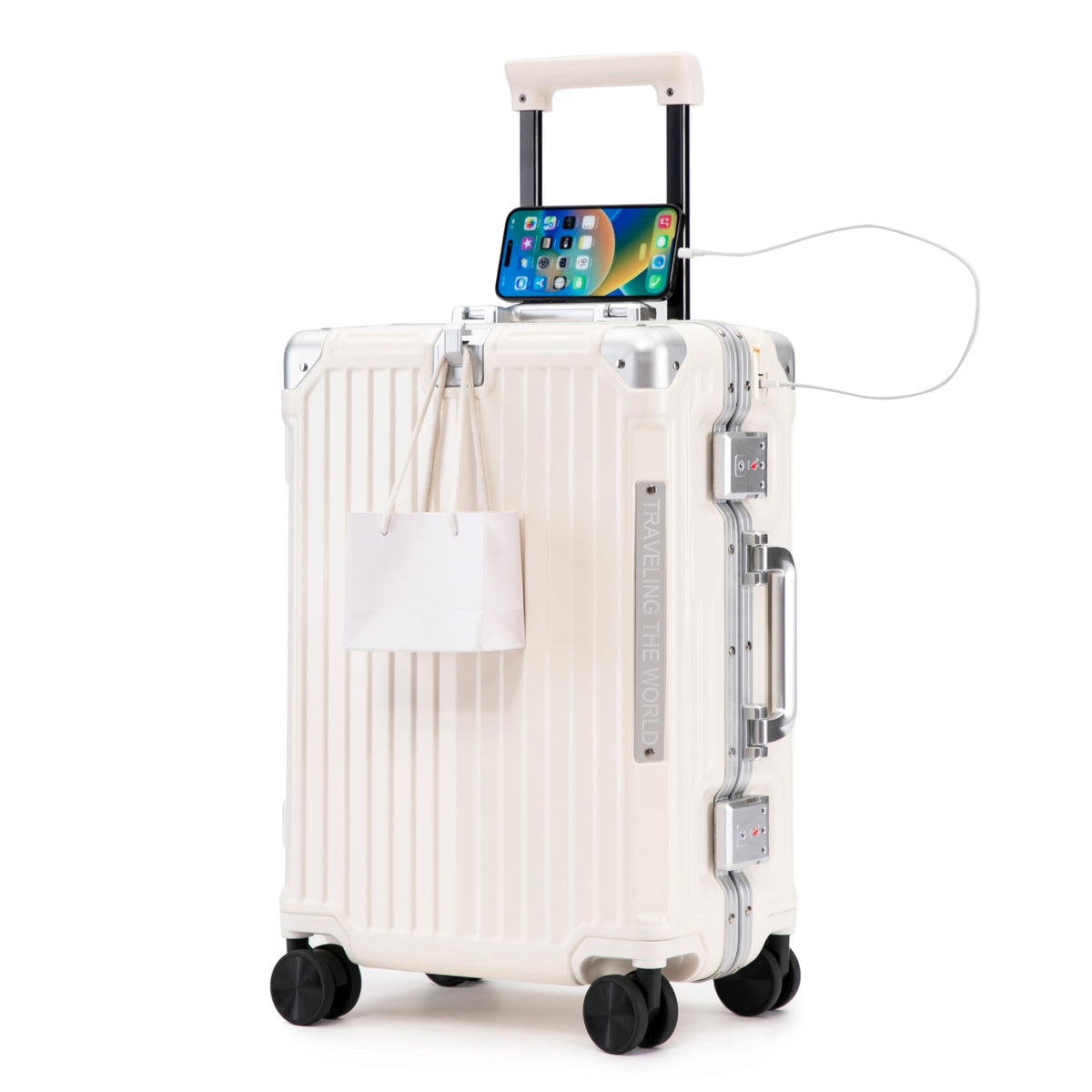 20 Inch White ABS Hardside Spinner Luggage with USB Port T277