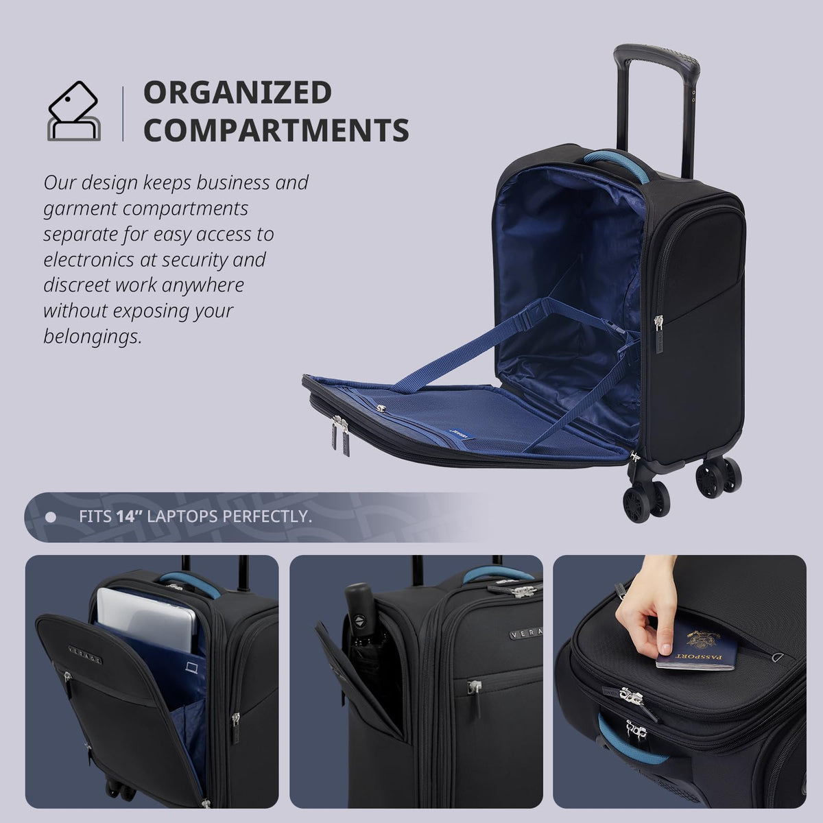 14-Inch Underseat Carry On Luggage with Spinner Wheels & USB Charging Port N560569