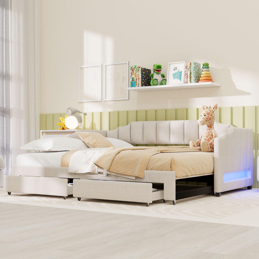 Linen Upholstered Daybed with Trundle and 2 Storage Drawers J88594
