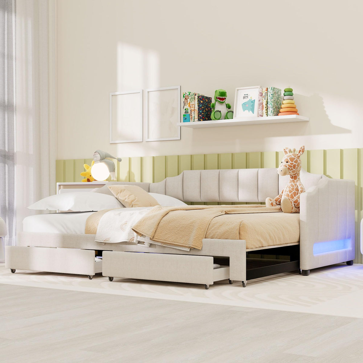 Linen Upholstered Daybed with Trundle and 2 Storage Drawers J88594