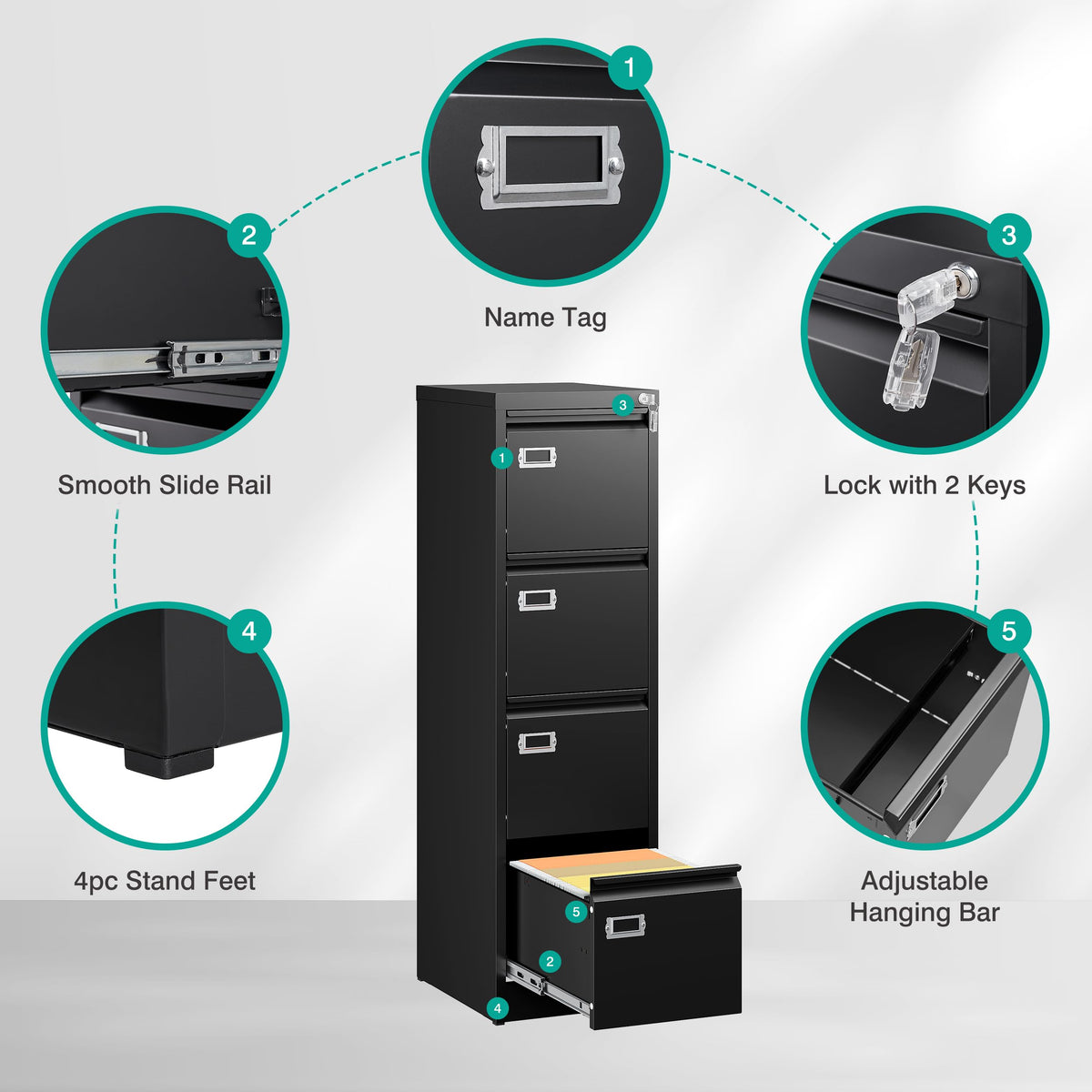4 Drawer Black Metal File Cabinet with Lock S214