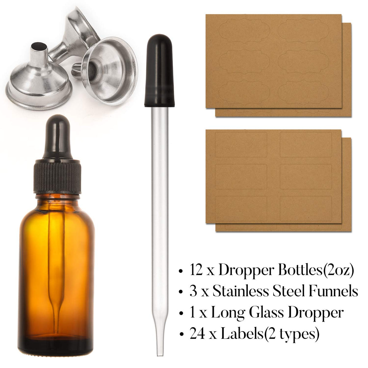 2 oz Amber Glass Dropper Bottle with Funnels P904161