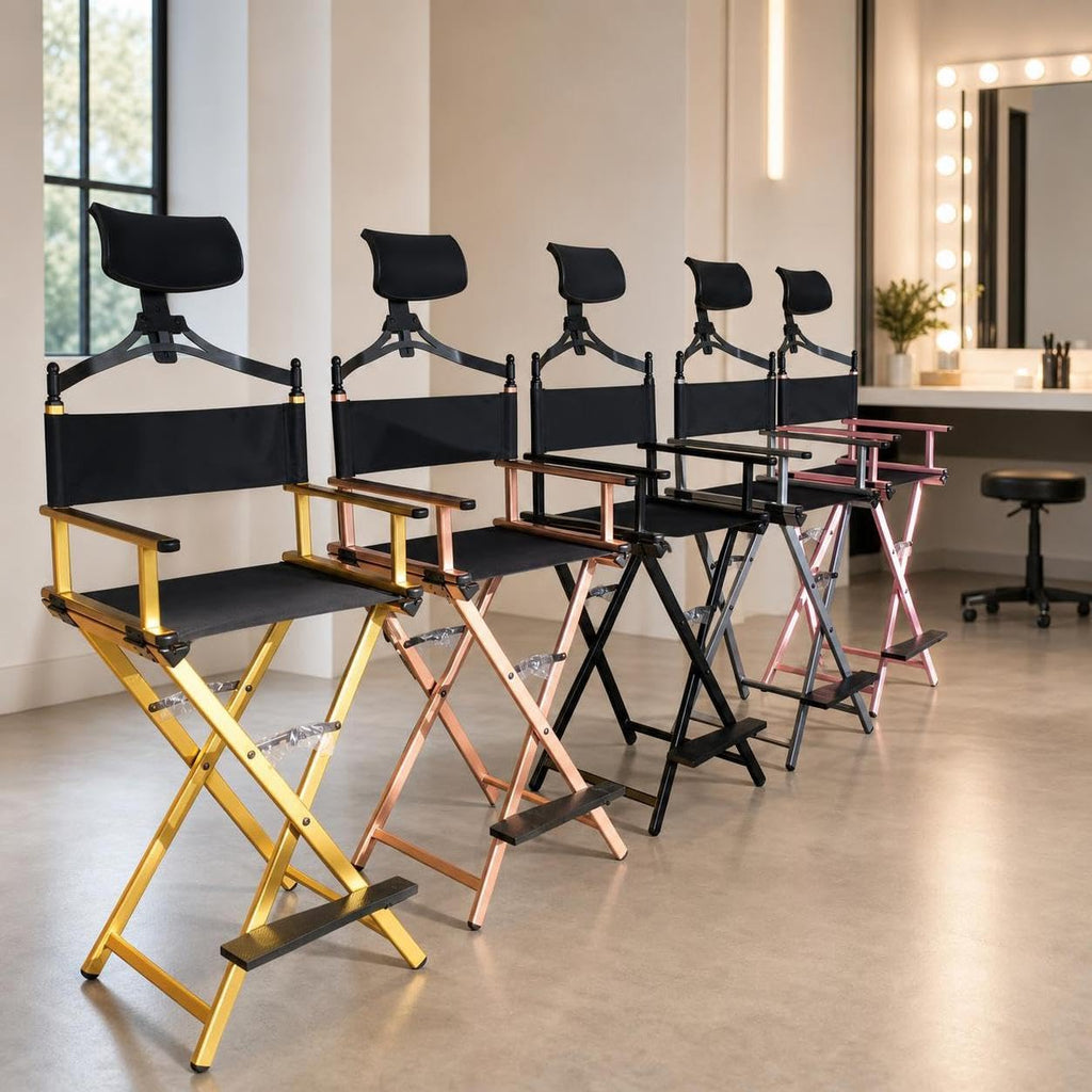 Aluminum Folding Director Chair with Headrest, Adjustable Height, Side Tray and Phone Holder Y985