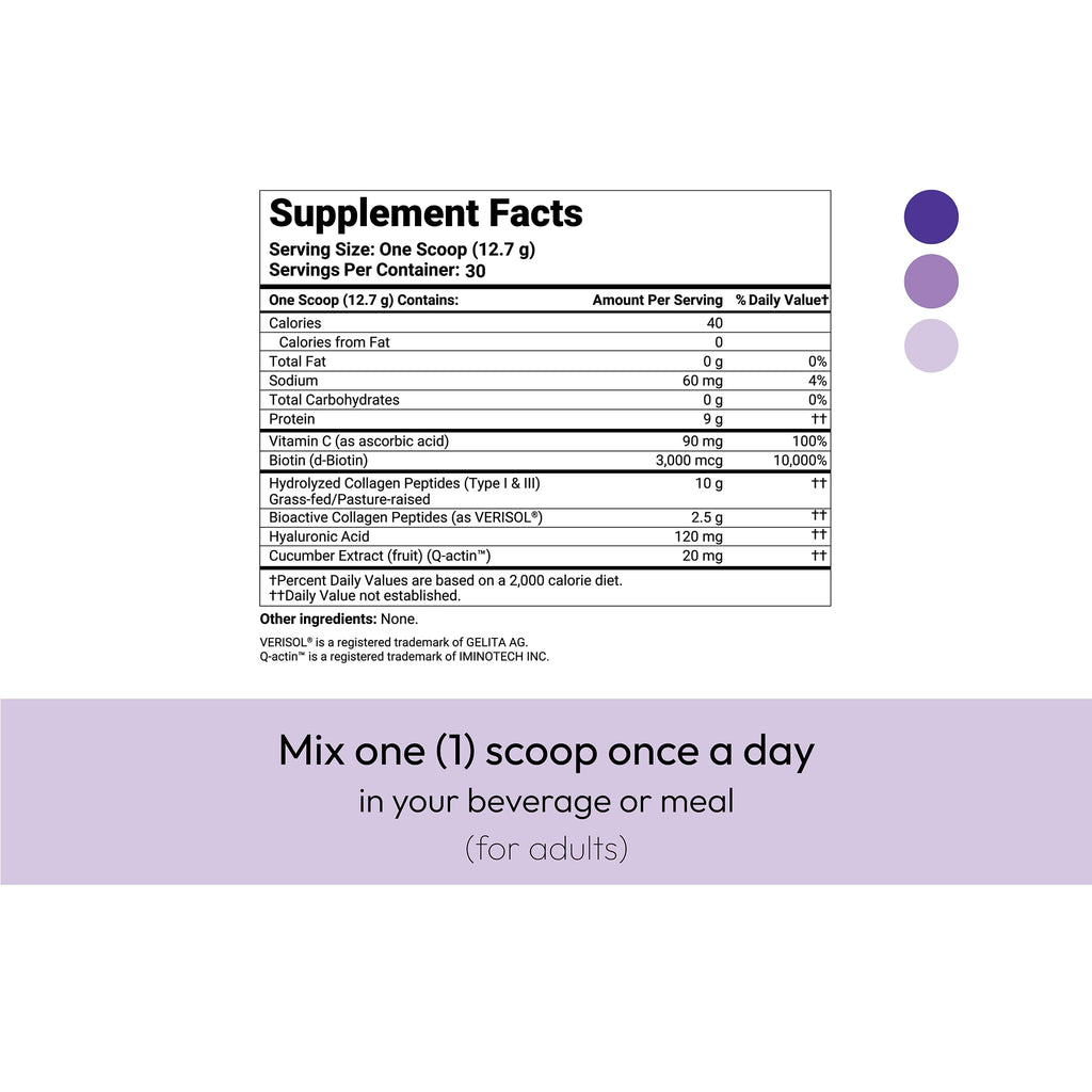 Hydrolyzed Collagen Peptides Type I & III with Vitamin C, Hyaluronic Acid, Biotin, Unflavored Powder, 30 Servings P3598
