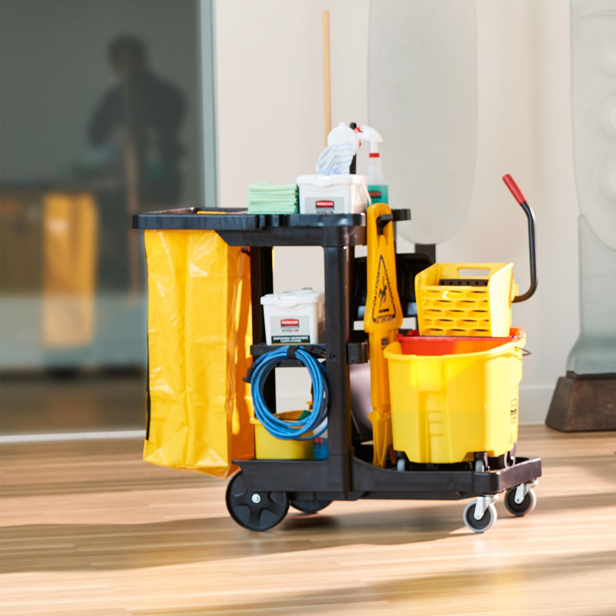 3-Shelf Wheeled Cleaning Cart with Yellow Vinyl Bag E510