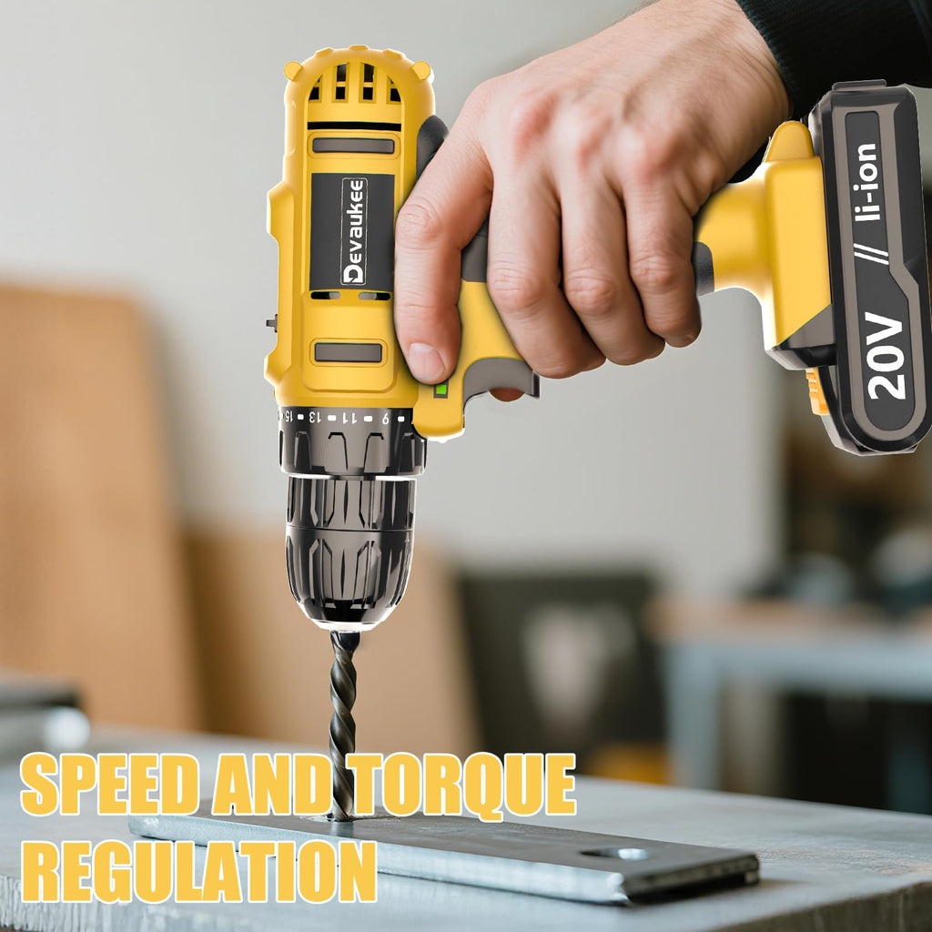 Cordless Drill Driver Kit, 20V Electric Drill with Battery and Charger, 18+3 Torque Setting, 2 Speeds, 3/8" Keyless Chuck Compact Power Drill Set with Drill Bits W5736