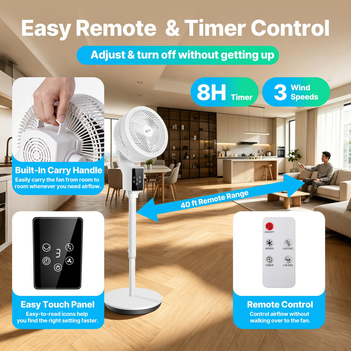 Oscillating Fan, 360° Air Circulator Pedestal Fan, 43.3” Adjustable Height R9667