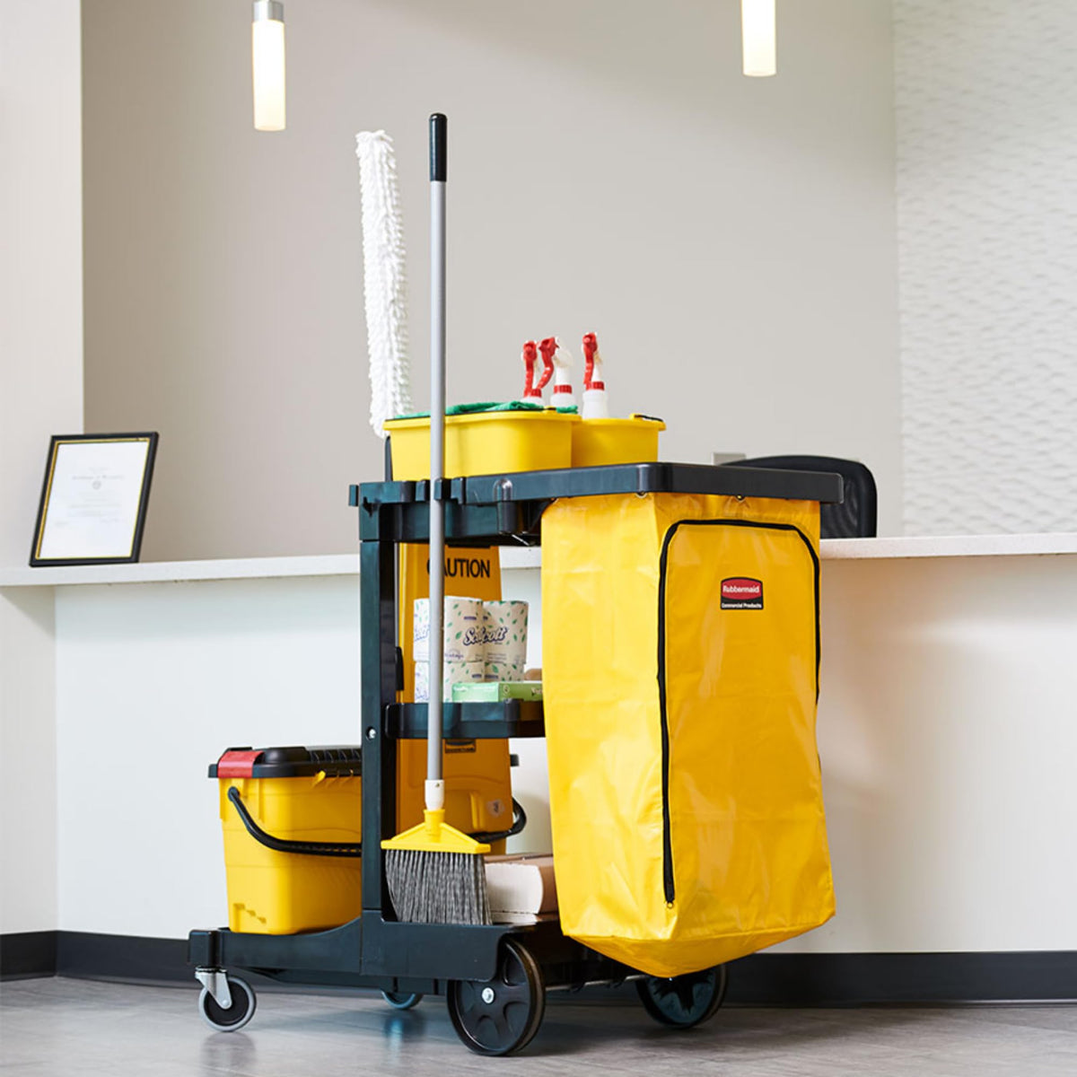 3-Shelf Wheeled Cleaning Cart with Yellow Vinyl Bag E510