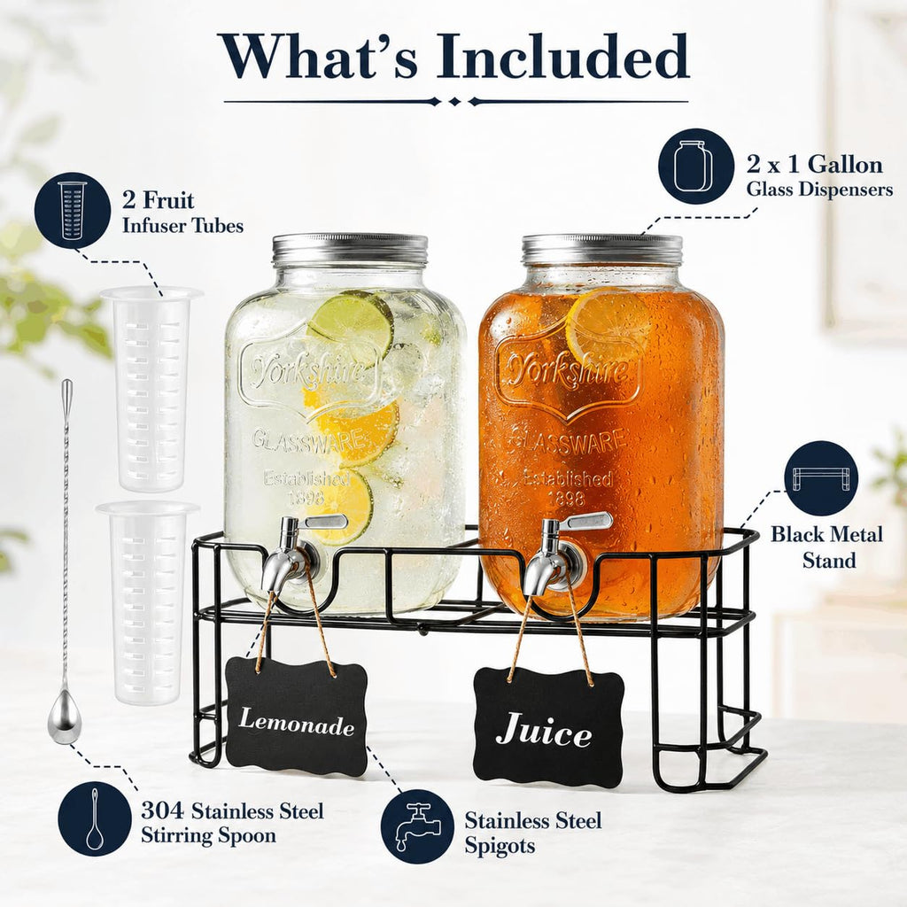 2-Pack 1-Gallon Glass Drink Dispensers with Wire Stand T479053