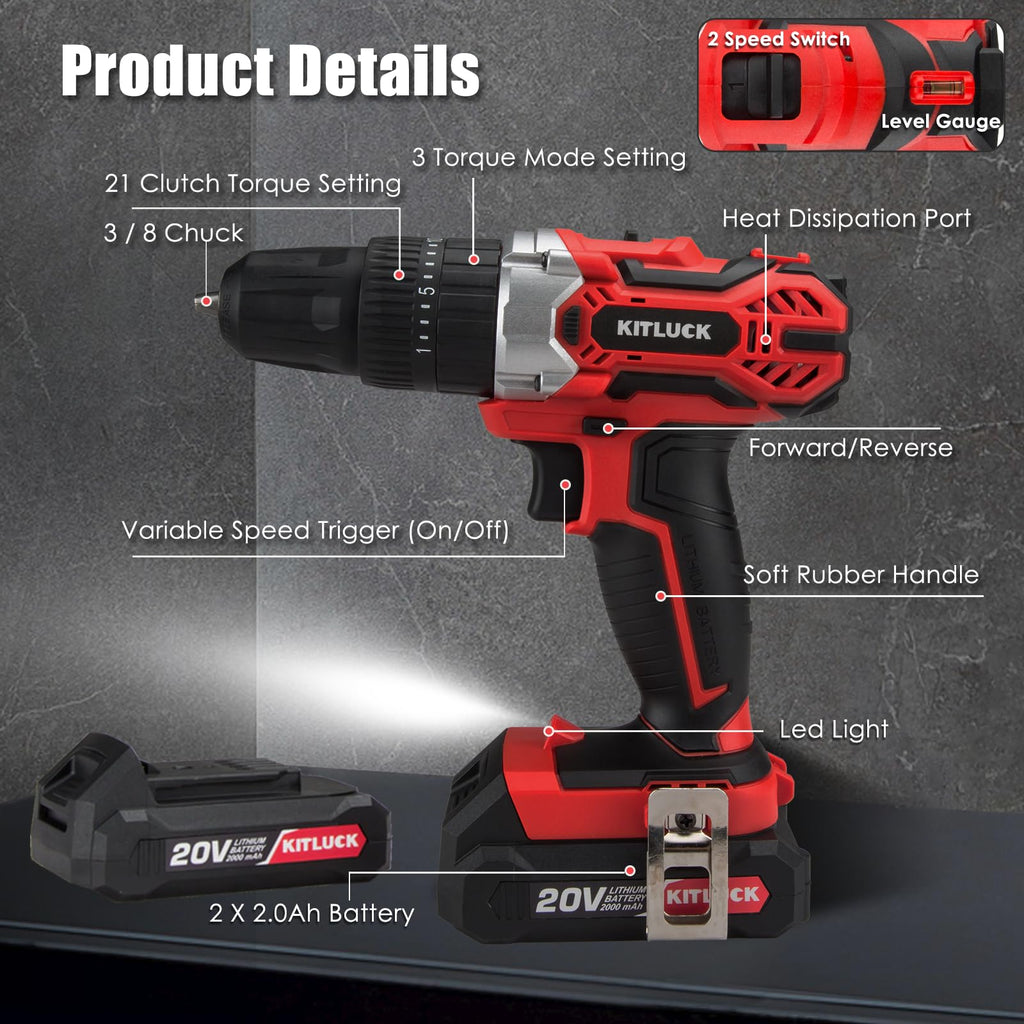 Cordless Drill Set 20V 2 Battery 44pcs Bits 3/8'' Chuck I4810