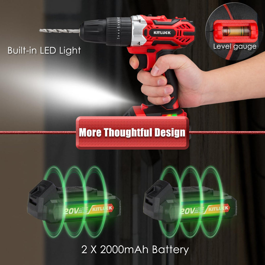 Cordless Drill Set 20V 2 Battery 44pcs Bits 3/8'' Chuck I4810