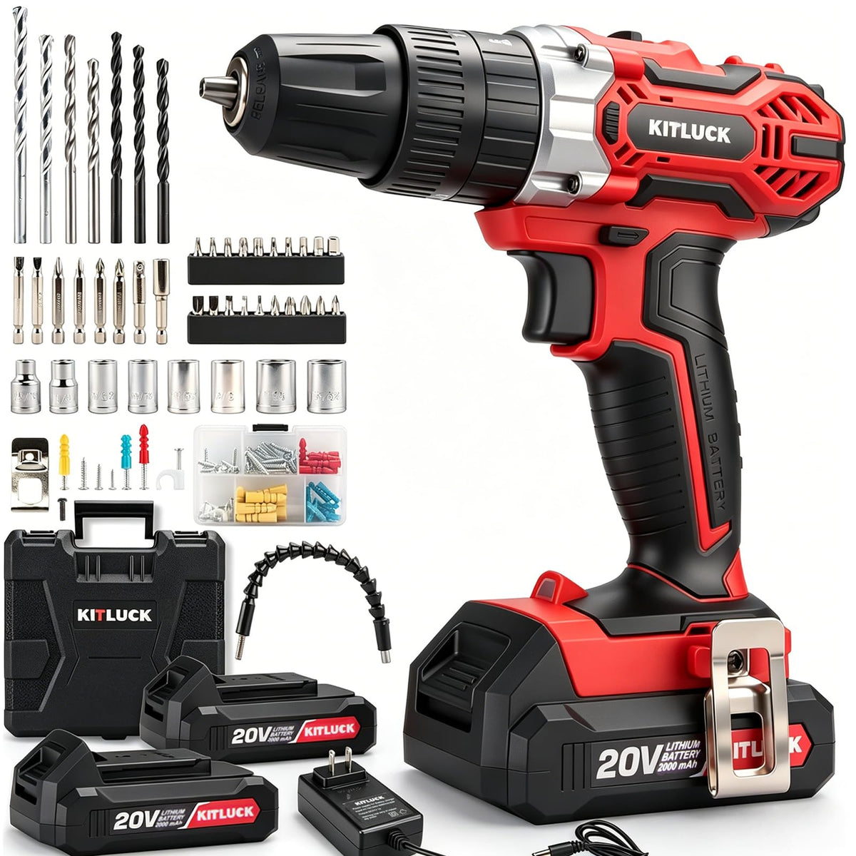 Cordless Drill Set 20V 2 Battery 44pcs Bits 3/8'' Chuck I4810