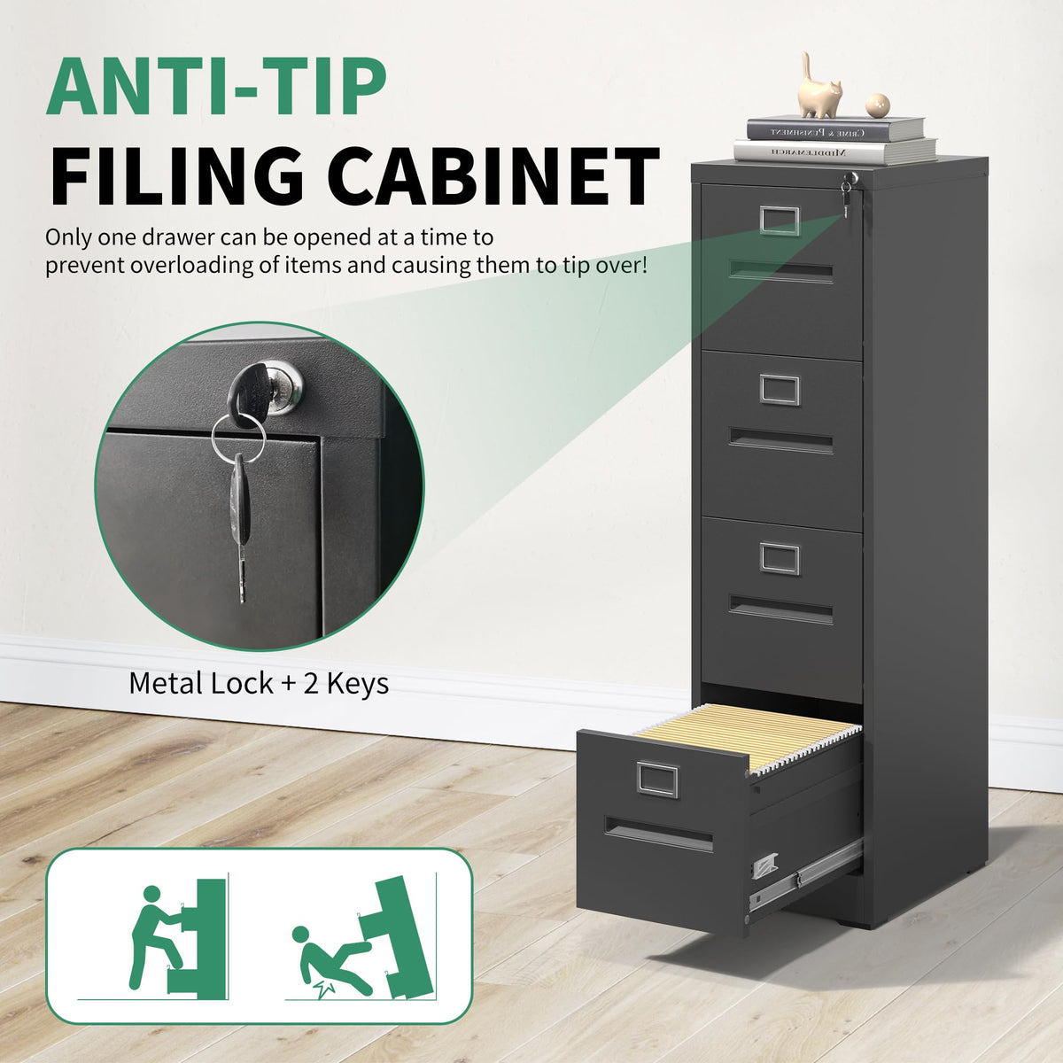 Black 4 Drawer Steel File Cabinet with Lock V9649