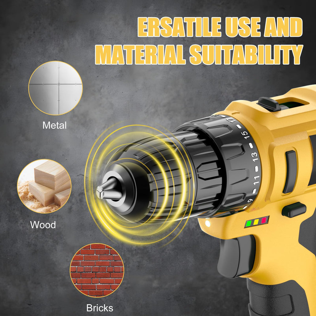 Cordless Drill Driver Kit, 20V Electric Drill with Battery and Charger, 18+3 Torque Setting, 2 Speeds, 3/8" Keyless Chuck Compact Power Drill Set with Drill Bits W5736