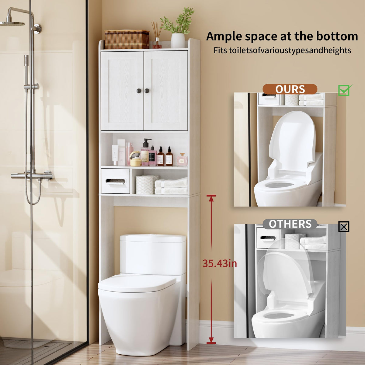 White Over the Toilet Storage Cabinet with Adjustable Shelves E6826