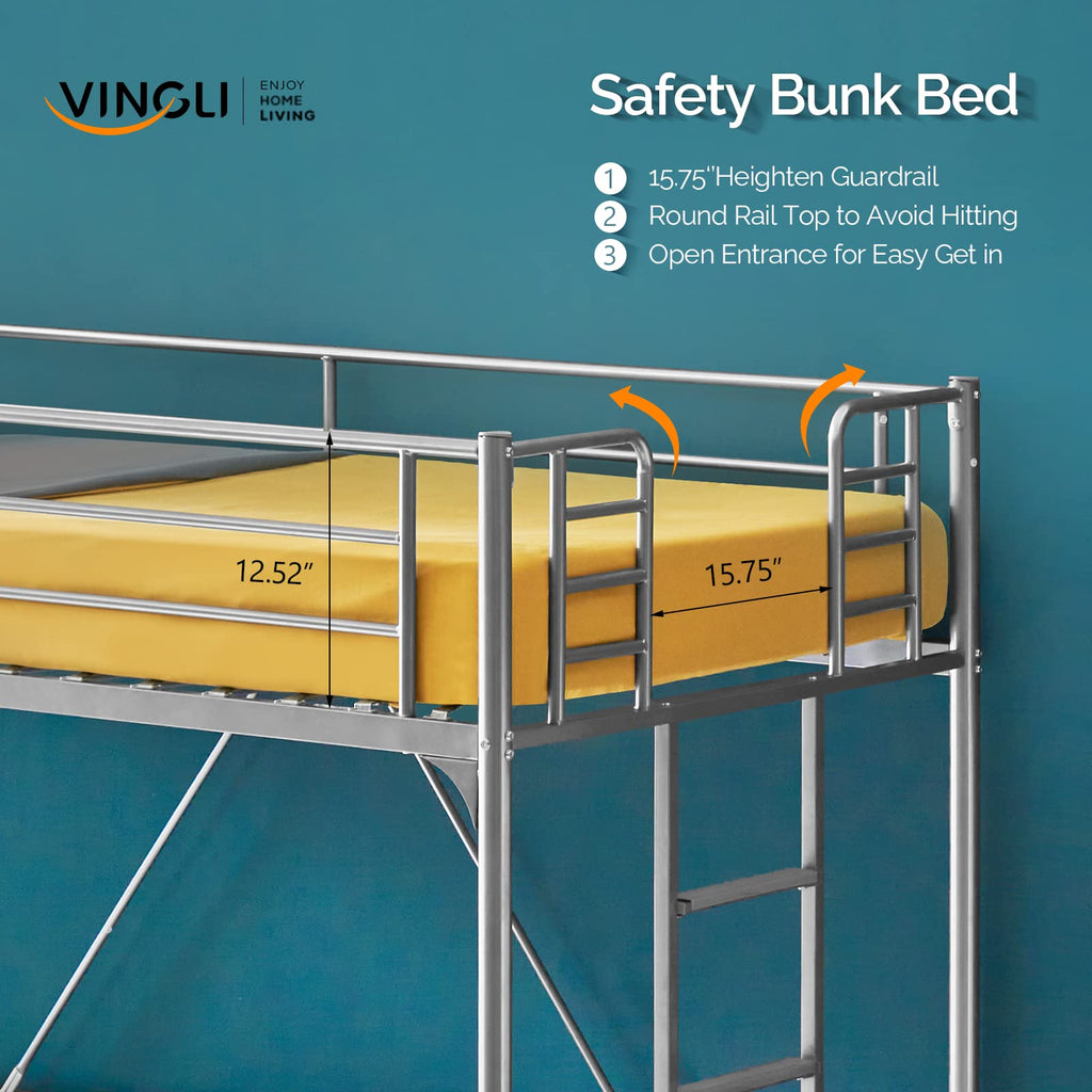 71 Inches Tall Twin Size Metal Loft Bed with Ladder and Safety Guard Rails, Gray L872779