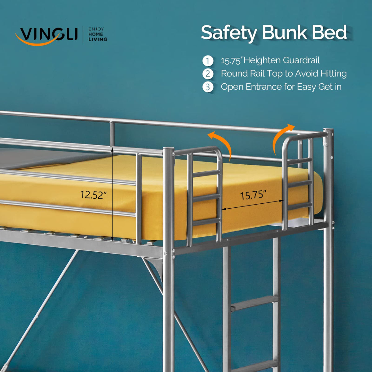 71 Inches Tall Twin Size Metal Loft Bed with Ladder and Safety Guard Rails, Gray L872779