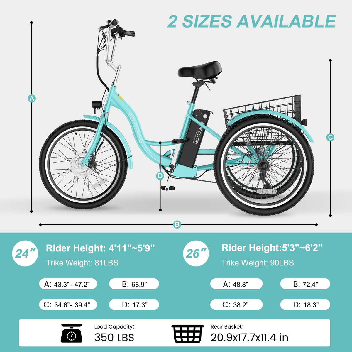 24/26 Inch 350W Electric Tricycle with Removable 36V Battery and Rear Basket Z82359