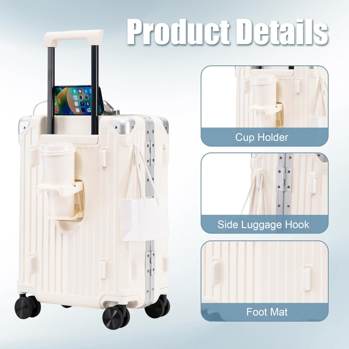20 Inch White ABS Hardside Spinner Luggage with USB Port T277