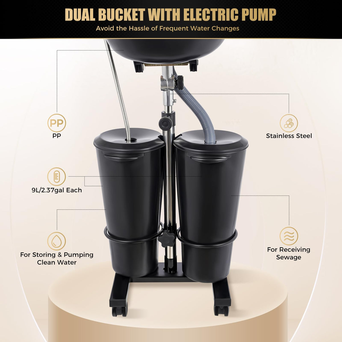 Portable Plastic Shampoo Bowl with 2 Bucket and Electric Pump B131