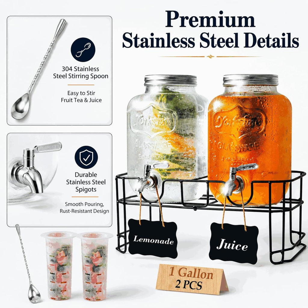 2-Pack 1-Gallon Glass Drink Dispensers with Wire Stand T479053