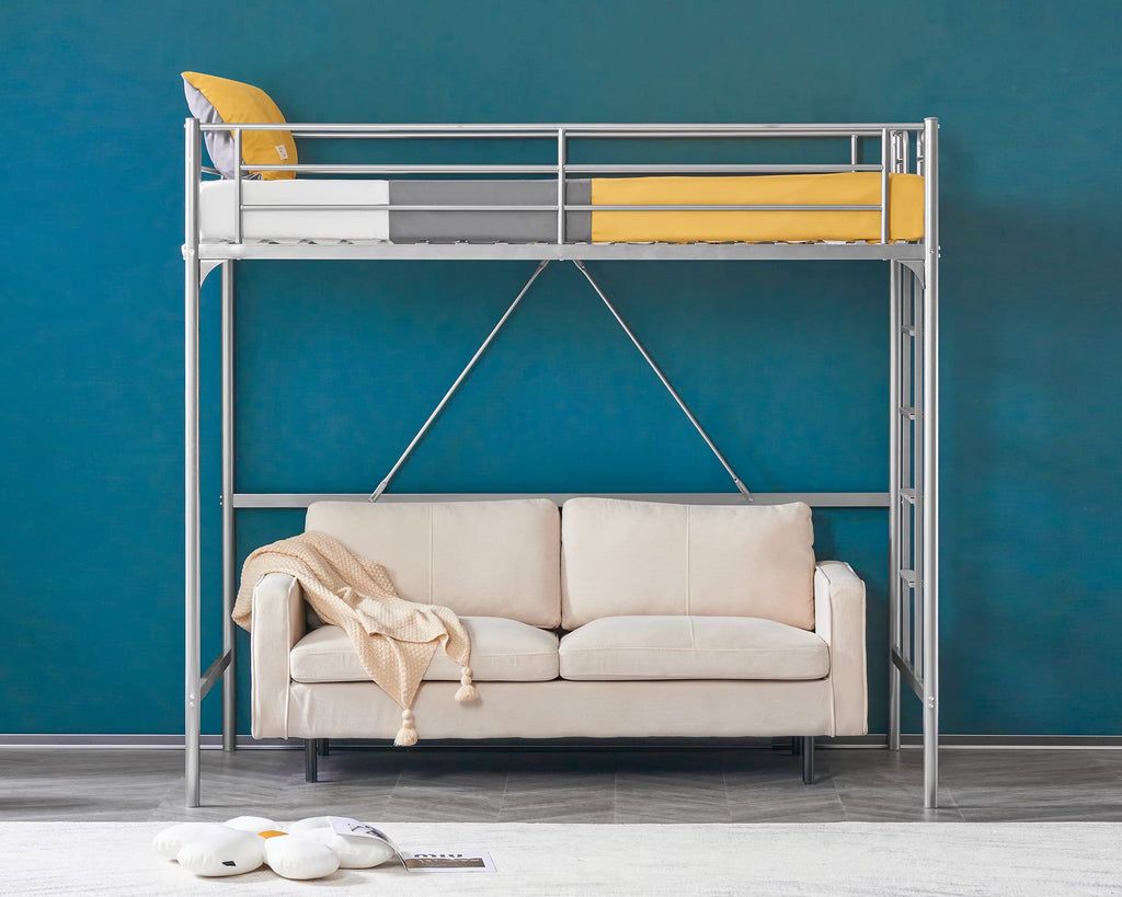 71 Inches Tall Twin Size Metal Loft Bed with Ladder and Safety Guard Rails, Gray L872779