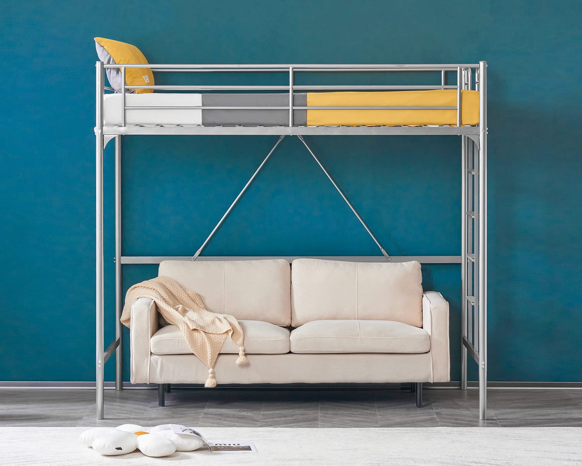 71 Inches Tall Twin Size Metal Loft Bed with Ladder and Safety Guard Rails, Gray L872779