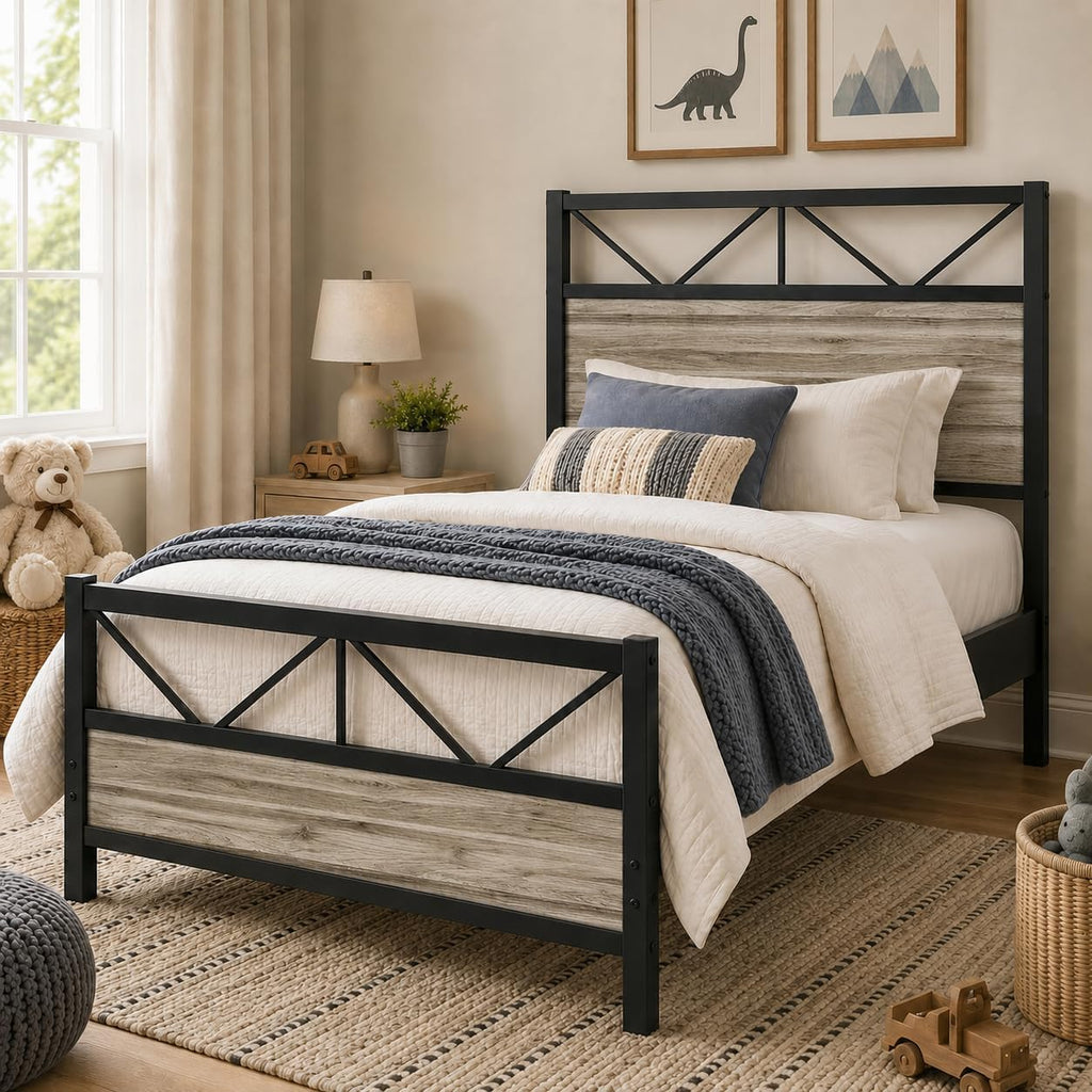 Wash Grey Twin Size Bed Frame with Tall Headboard A687213