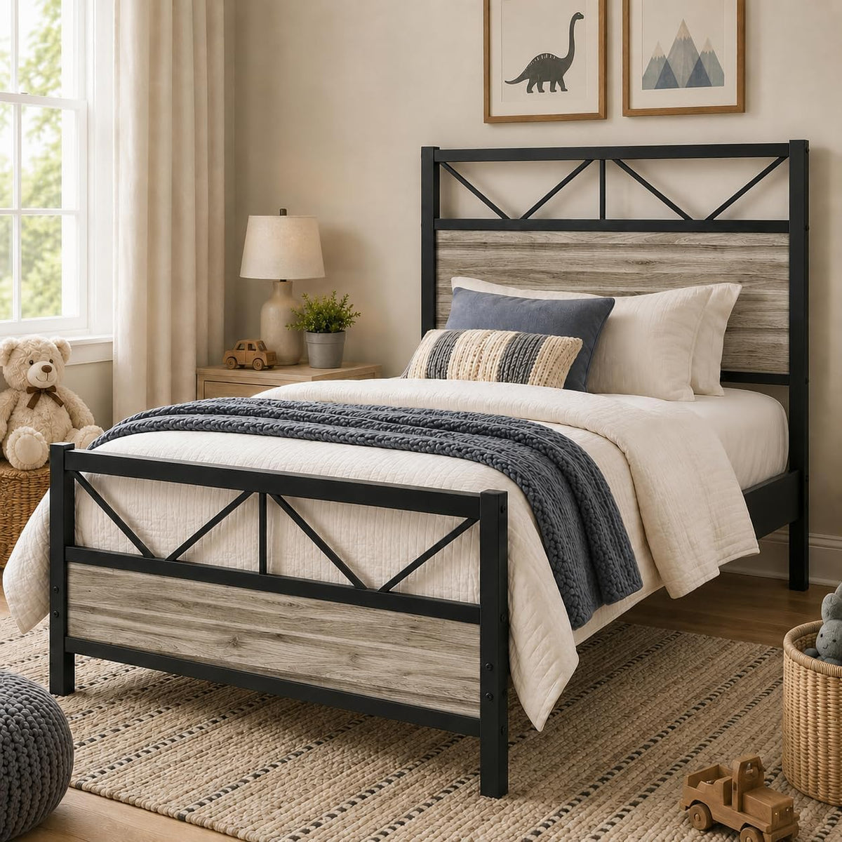 Wash Grey Twin Size Bed Frame with Tall Headboard A687213