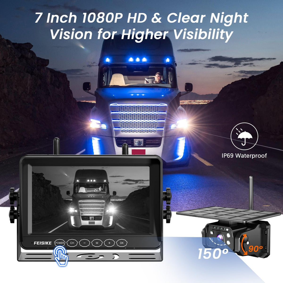 Magnetic Solar Wireless Backup Camera with 7" 1080P Monitor Y9398