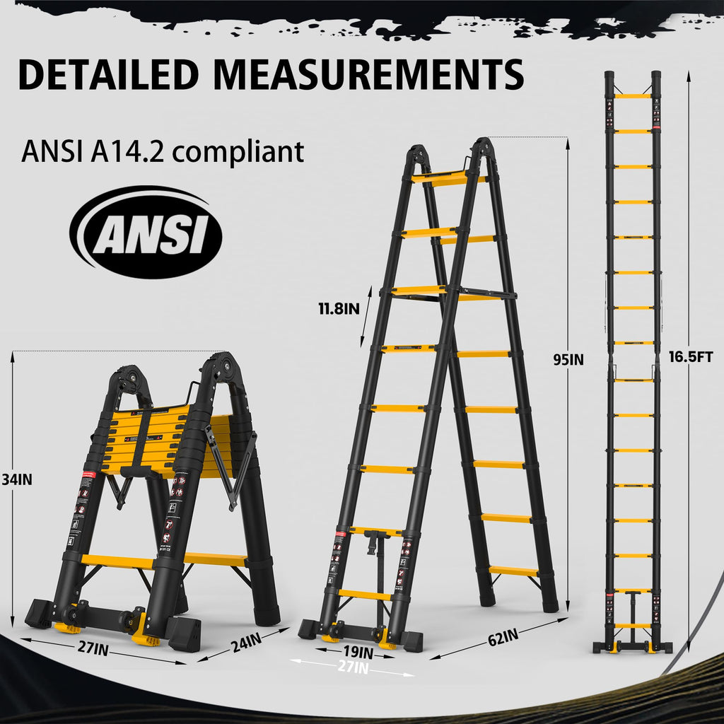 Telescoping Ladder 16.5 FT A Frame 330 lbs Capacity Yellow W1159