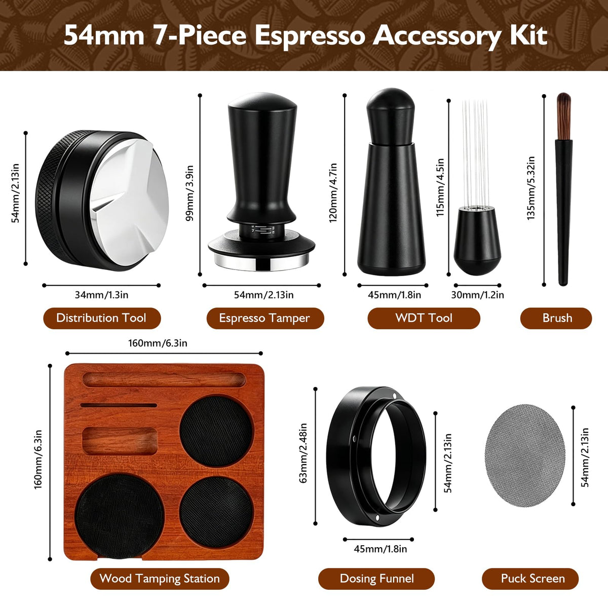 54mm 7Pcs Espresso Accessories Kit with Tamper, WDT Tool, Distributor, Puck Screen and Dosing Funnel M119005